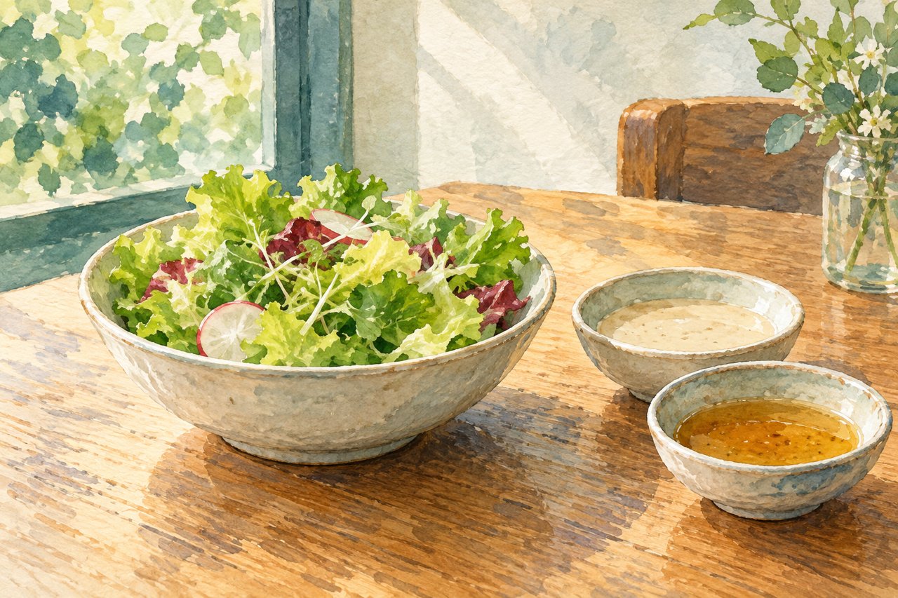 サラダとドレッシングの小皿を木のテーブルに並べた水彩画