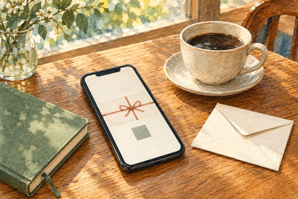スマートフォンのギフト券とコーヒーカップ、封筒を描いた水彩画