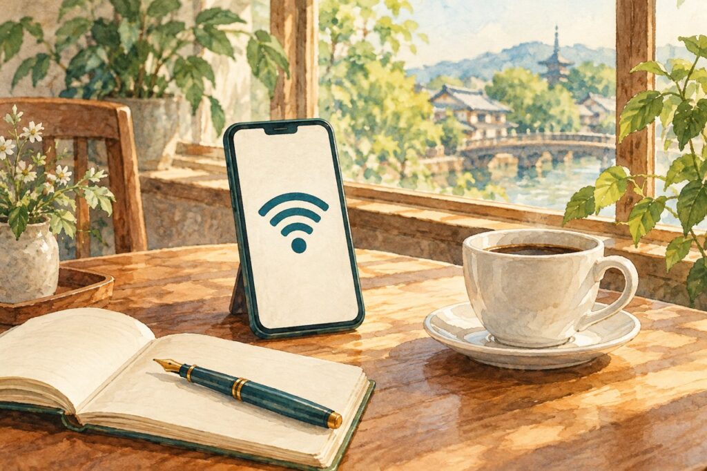 カフェのテーブルに置いたスマートフォンとノート、コーヒーカップの水彩画