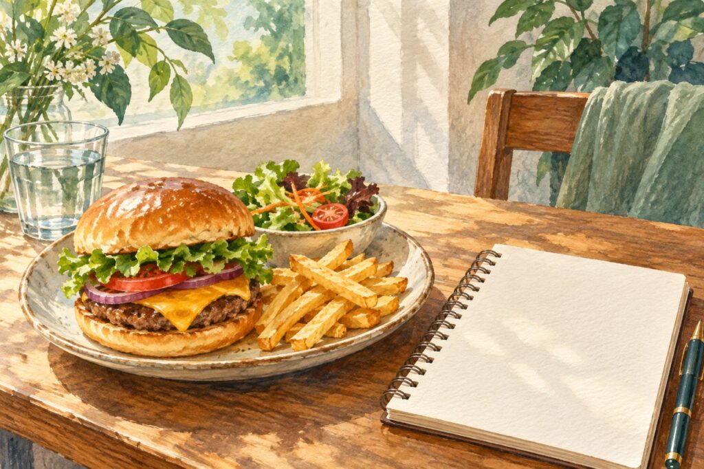 バーガーと少量のポテト、サラダ、無地のノートを並べた水彩画