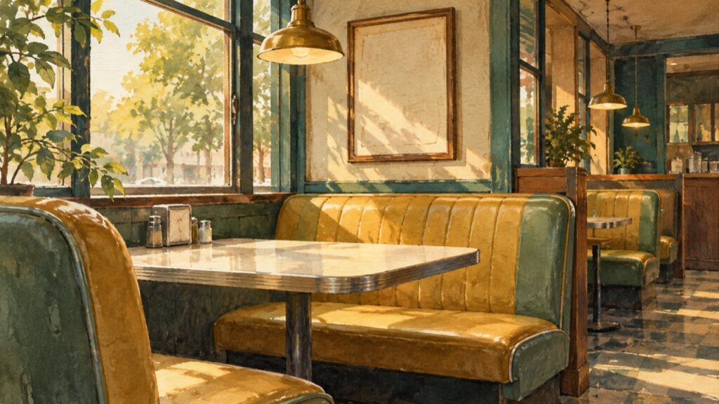 昔ながらの客席に日差しが入る飲食店を描いた水彩画