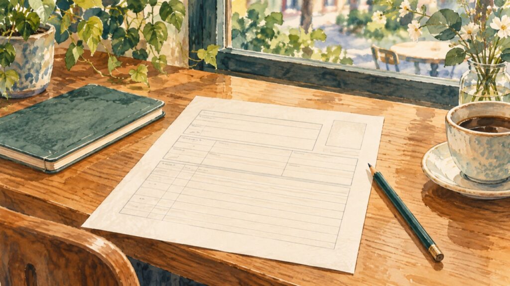 履歴書と鉛筆を窓辺の机に整えた水彩画