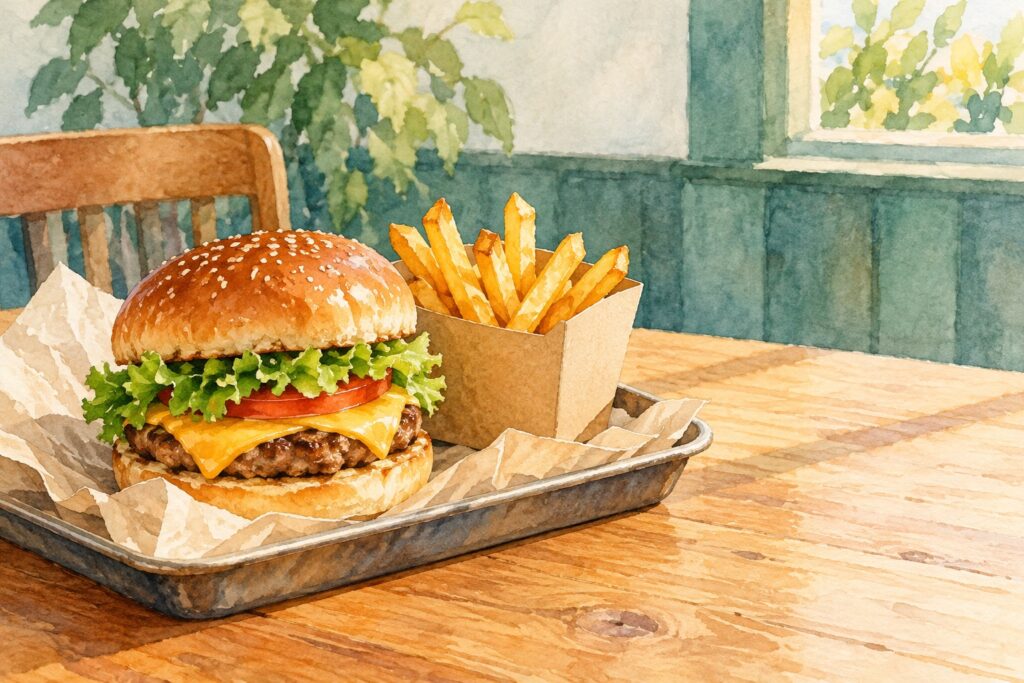 飲み物を置かずバーガーとポテトだけを並べたトレーの水彩画