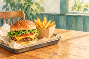 飲み物を置かずバーガーとポテトだけを並べたトレーの水彩画