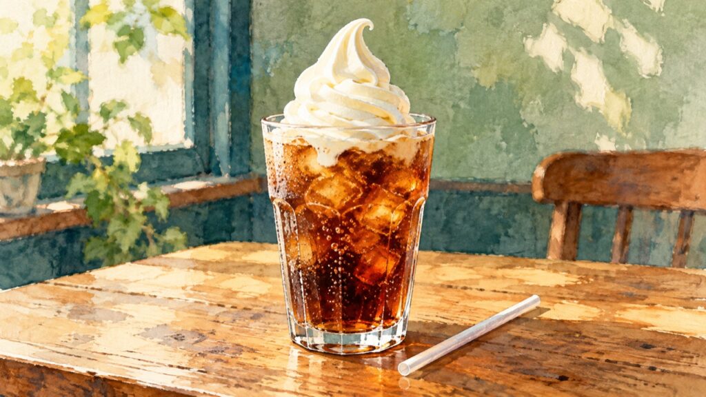 コーラフロートを窓辺のテーブルに置いた水彩画
