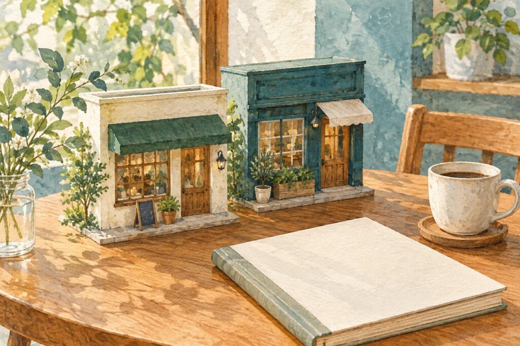 二つの小さな店舗模型と台帳を木の机に置いた水彩画