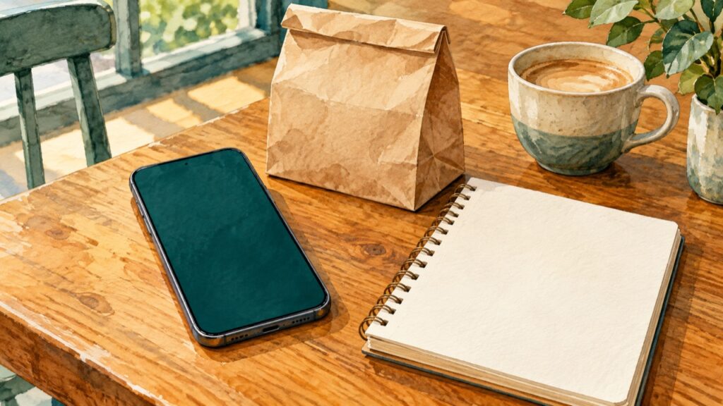 スマートフォンと無地の持ち帰り袋を机に置いた水彩画