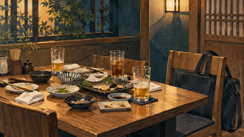 会社の飲み会の後の食器と空席、帰り支度の鞄のイラスト