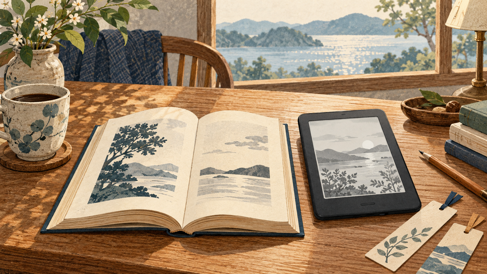 紙の本と電子書籍端末を並べた読書机のイラスト