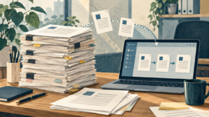 紙の書類の山と、電子承認の画面を開いたノートパソコンのイラスト