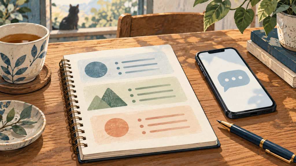 報告内容を整理するノートとメッセージ画面のイラスト