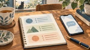 報告内容を整理するノートとメッセージ画面のイラスト