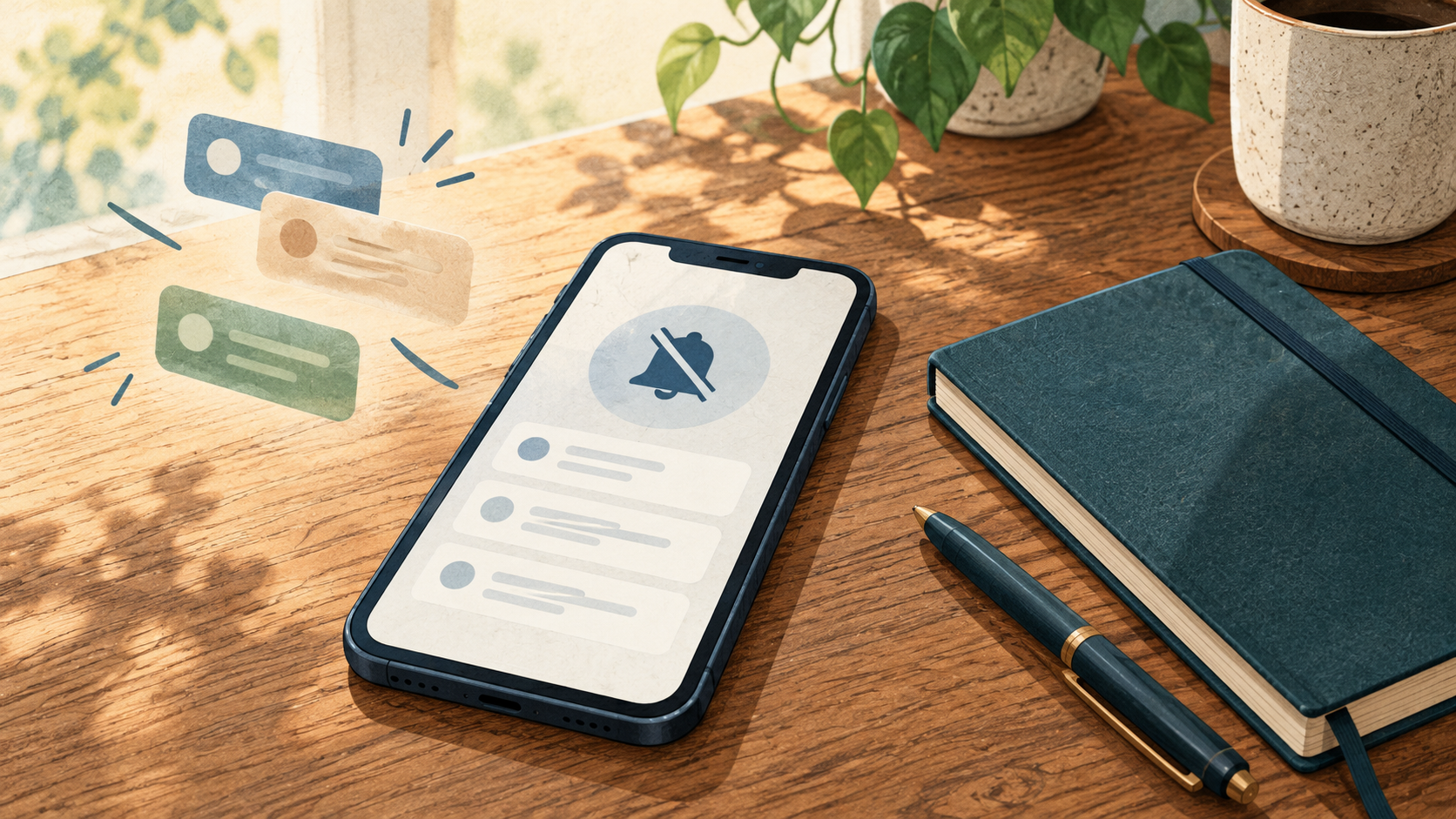 通知を整理したスマートフォンとノートを置いた机のイラスト