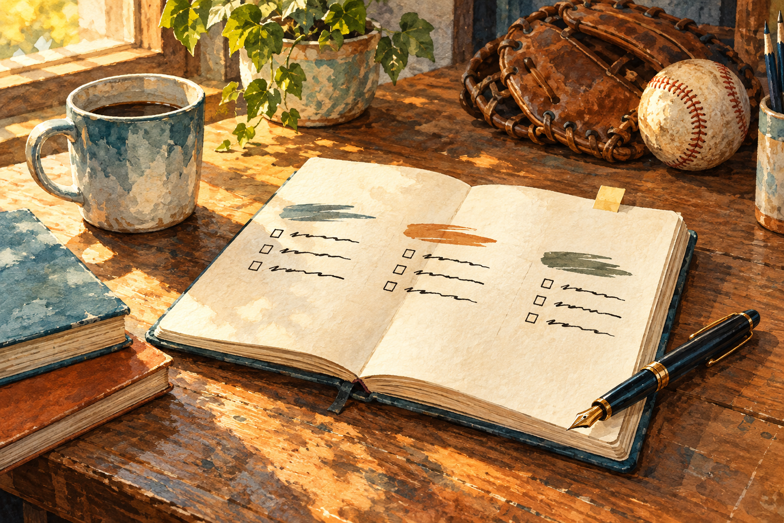 要点を分けて書いたノートとペン、古いグローブを置いた机のイラスト。