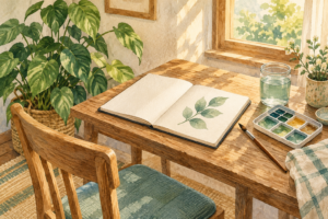 描きかけの葉の絵と絵の具、筆を置いた小さな机と椅子のイラスト。