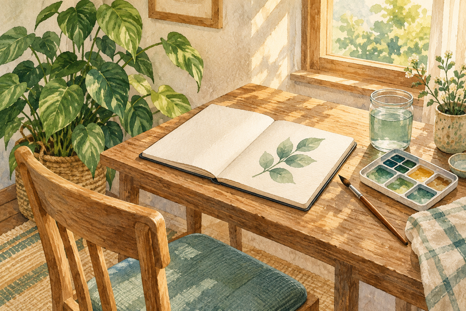 描きかけの葉の絵と絵の具、筆を置いた小さな机と椅子のイラスト。