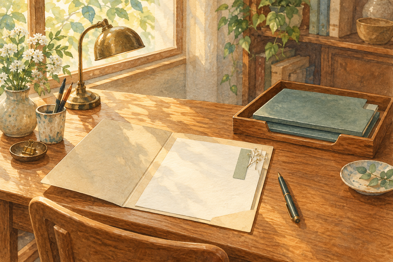 開いた書類と、順番を待つ閉じたファイルを描いた水彩画