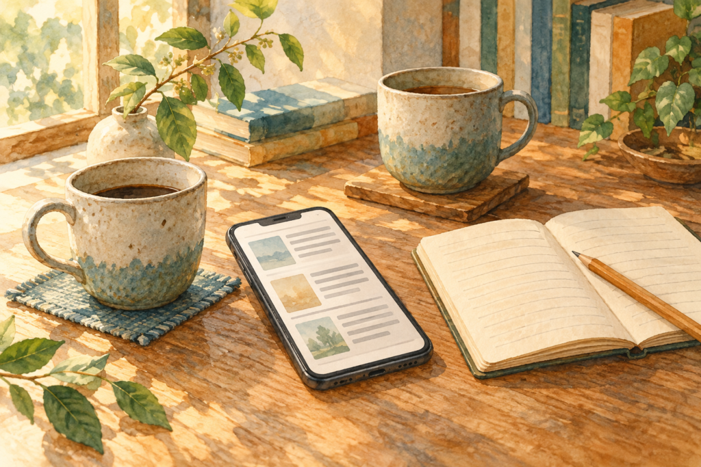 口コミを読むスマートフォンと二つのマグカップ、ノートを描いた水彩画