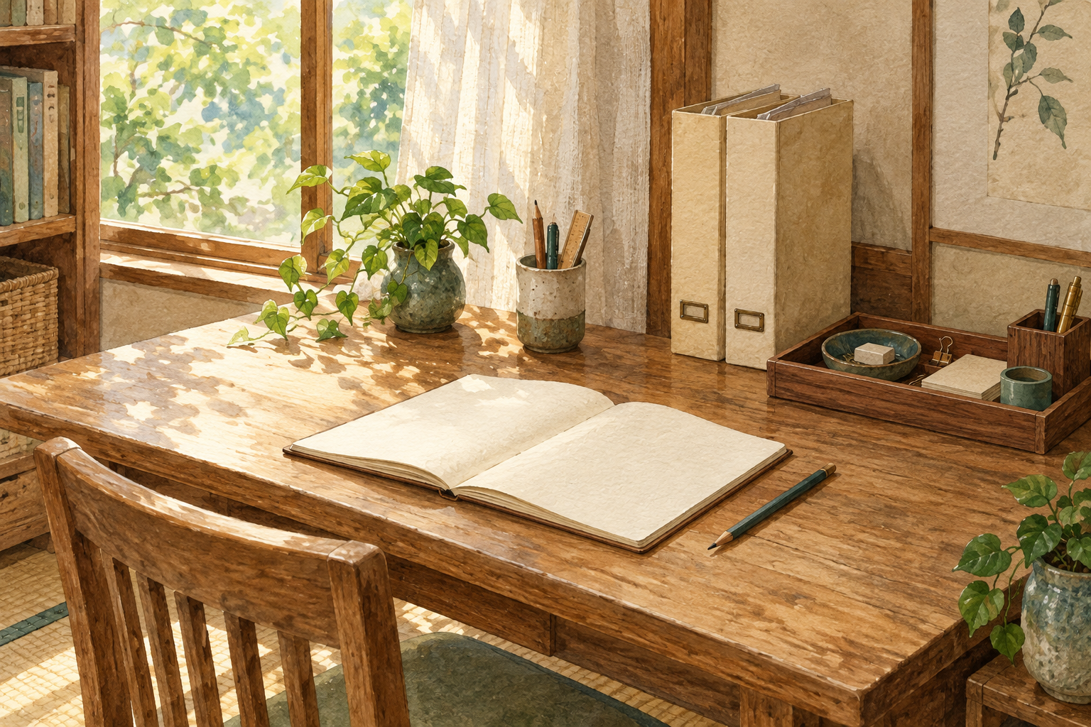 ノートを広げる場所を空け、文具と書類を整理した木の机の水彩画