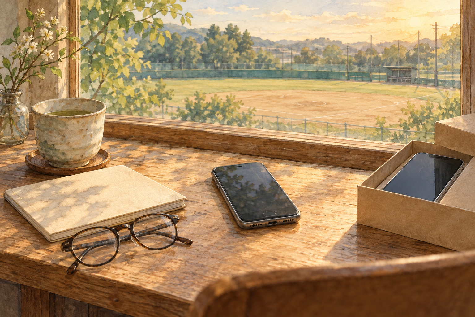 木の机に置いたスマートフォンと新しい端末の箱、窓の向こうの野球グラウンドを描いた水彩画