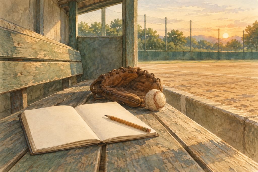 夕方の野球場のベンチに置いた白紙のノートと鉛筆、グラブとボールを描いた水彩画