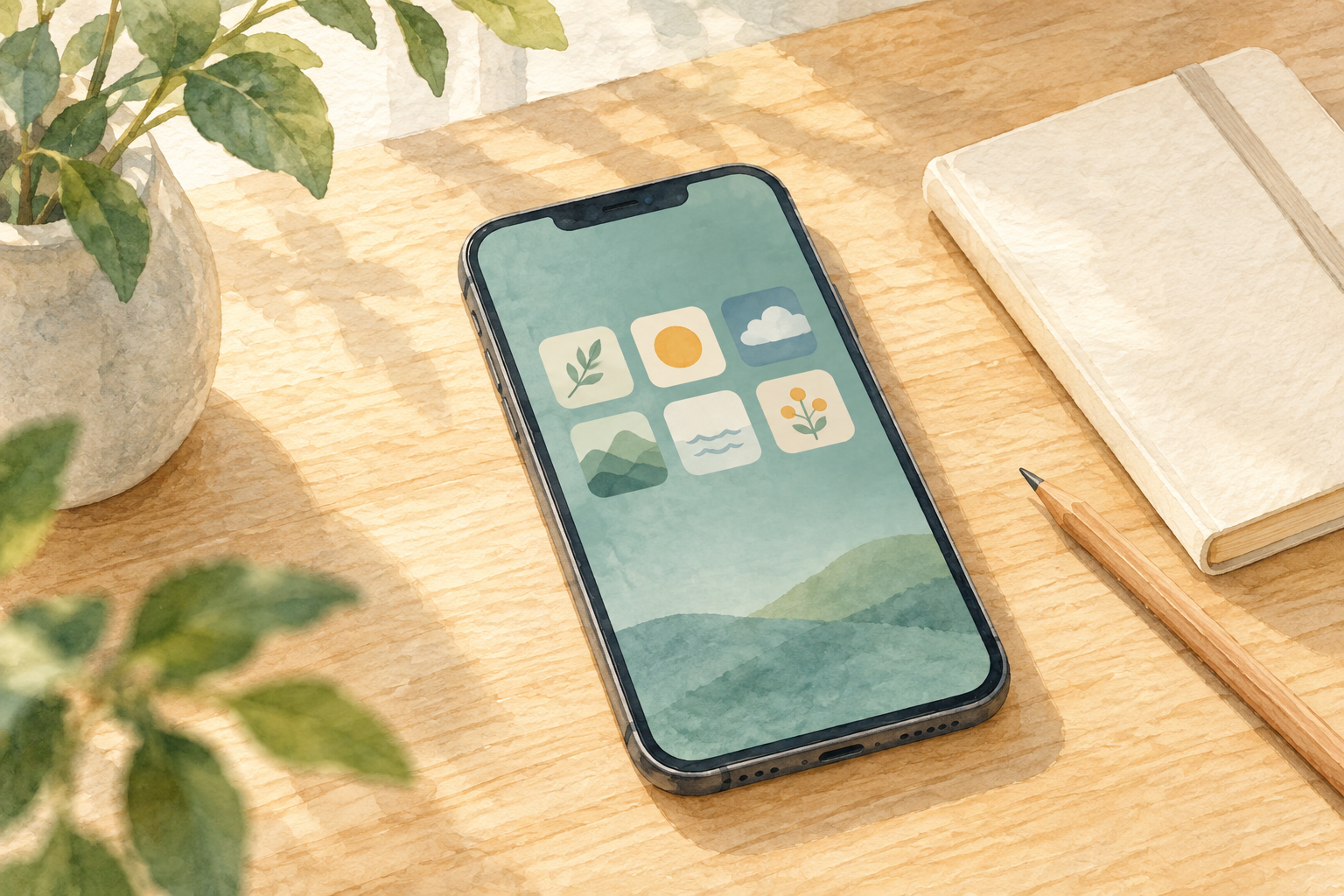 少数のアイコンを並べたスマホとノートが木の机に置かれた水彩画