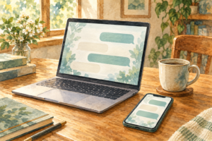 チャットの吹き出しを映したパソコンとスマートフォンの水彩イラスト