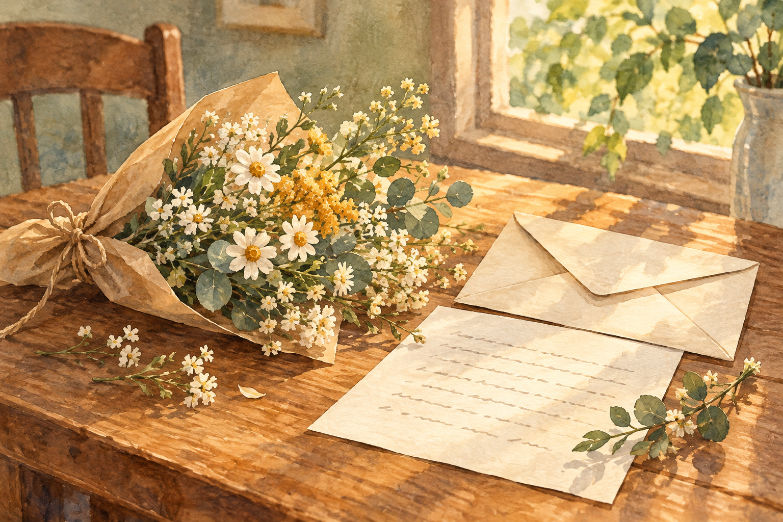 小さな花束と封筒、便箋を描いた水彩画