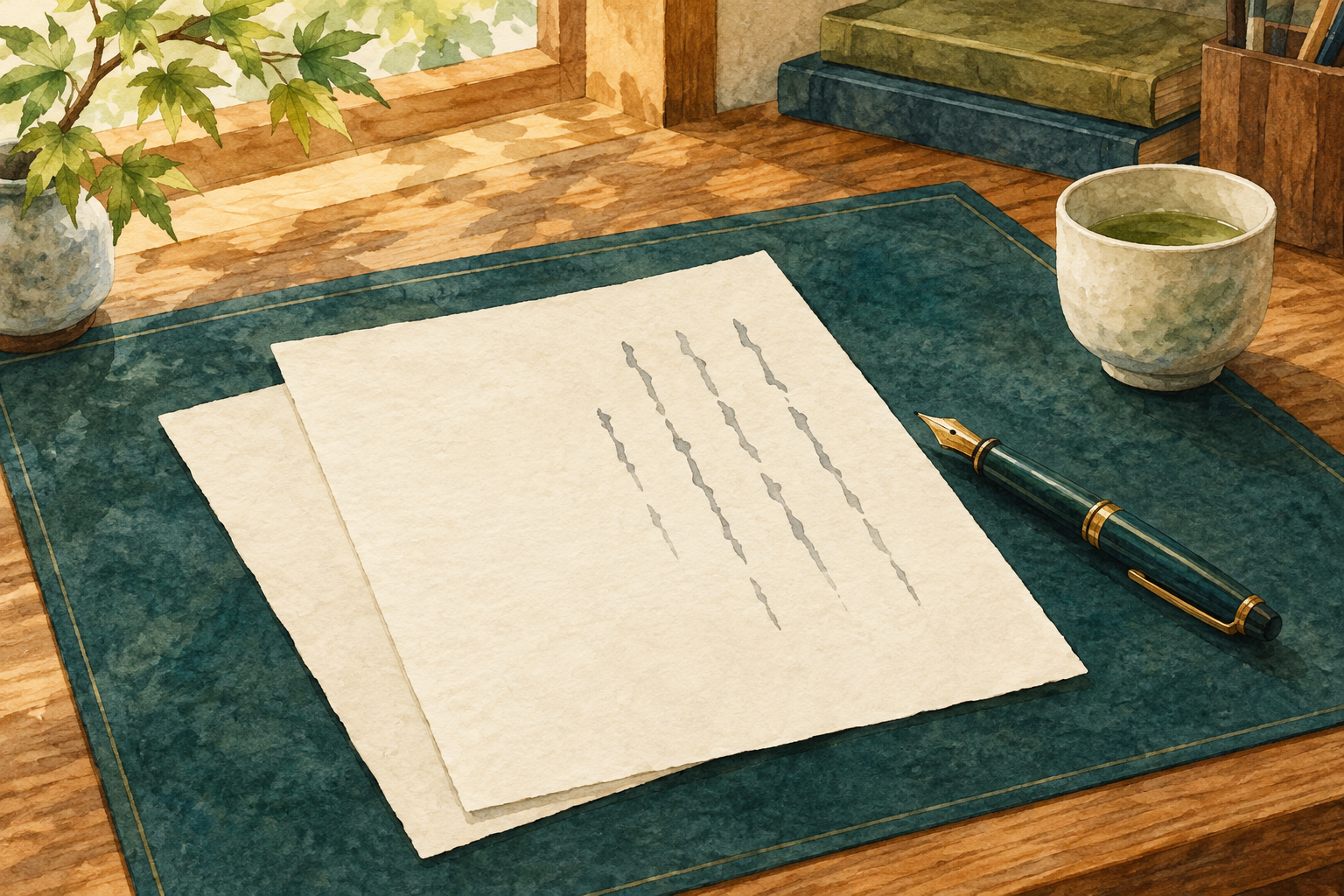 二枚重なった便箋と一本の万年筆を描いた水彩画