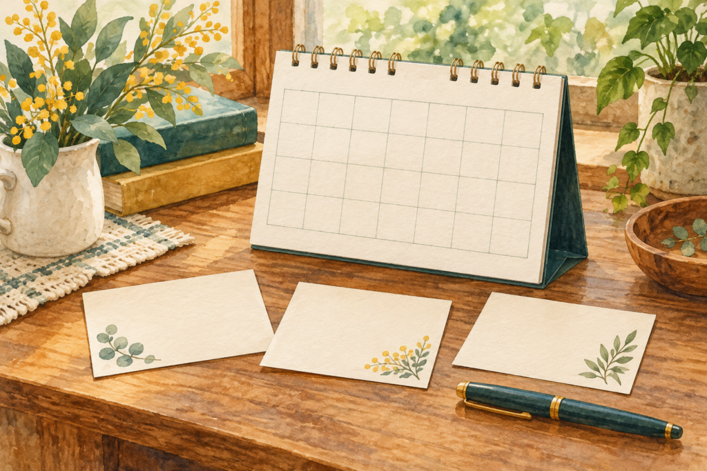 卓上カレンダーと三枚の候補カードを描いた水彩画