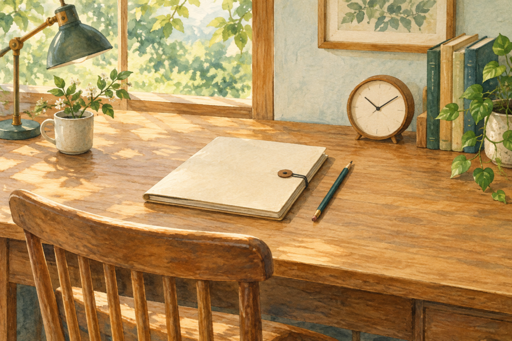 余白のある作業机と閉じた書類、時計を描いた水彩画