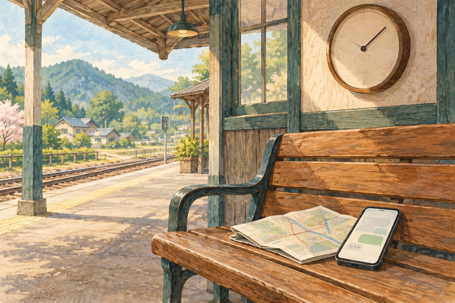 駅前の時計と閉じたメッセージ画面のスマートフォンの水彩画