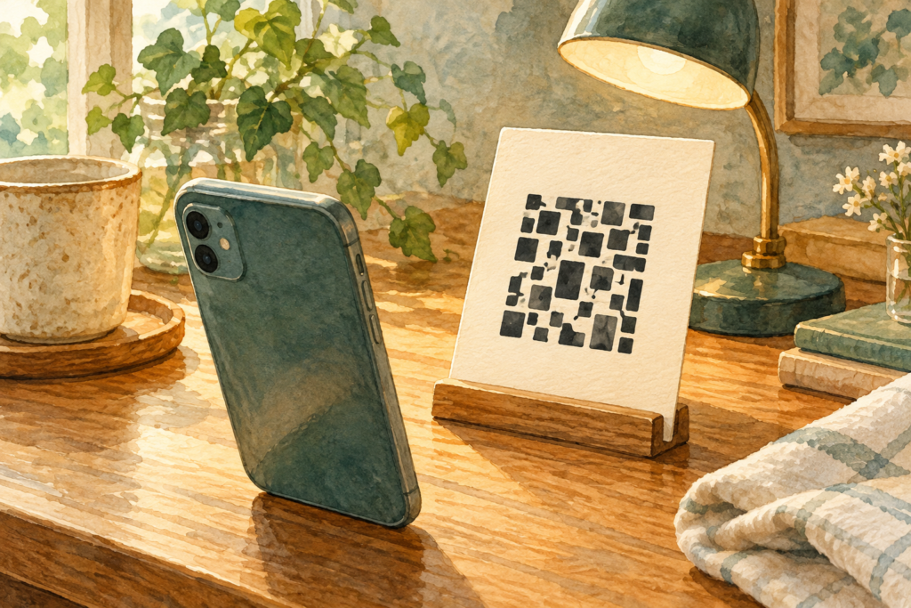 スマートフォンと四角いコードを模した抽象カードの水彩画