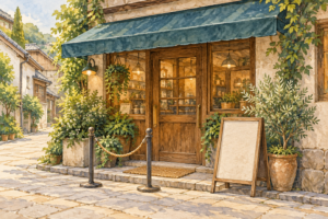 小さな店の前の空の待機列ロープとメニュー立ての水彩画