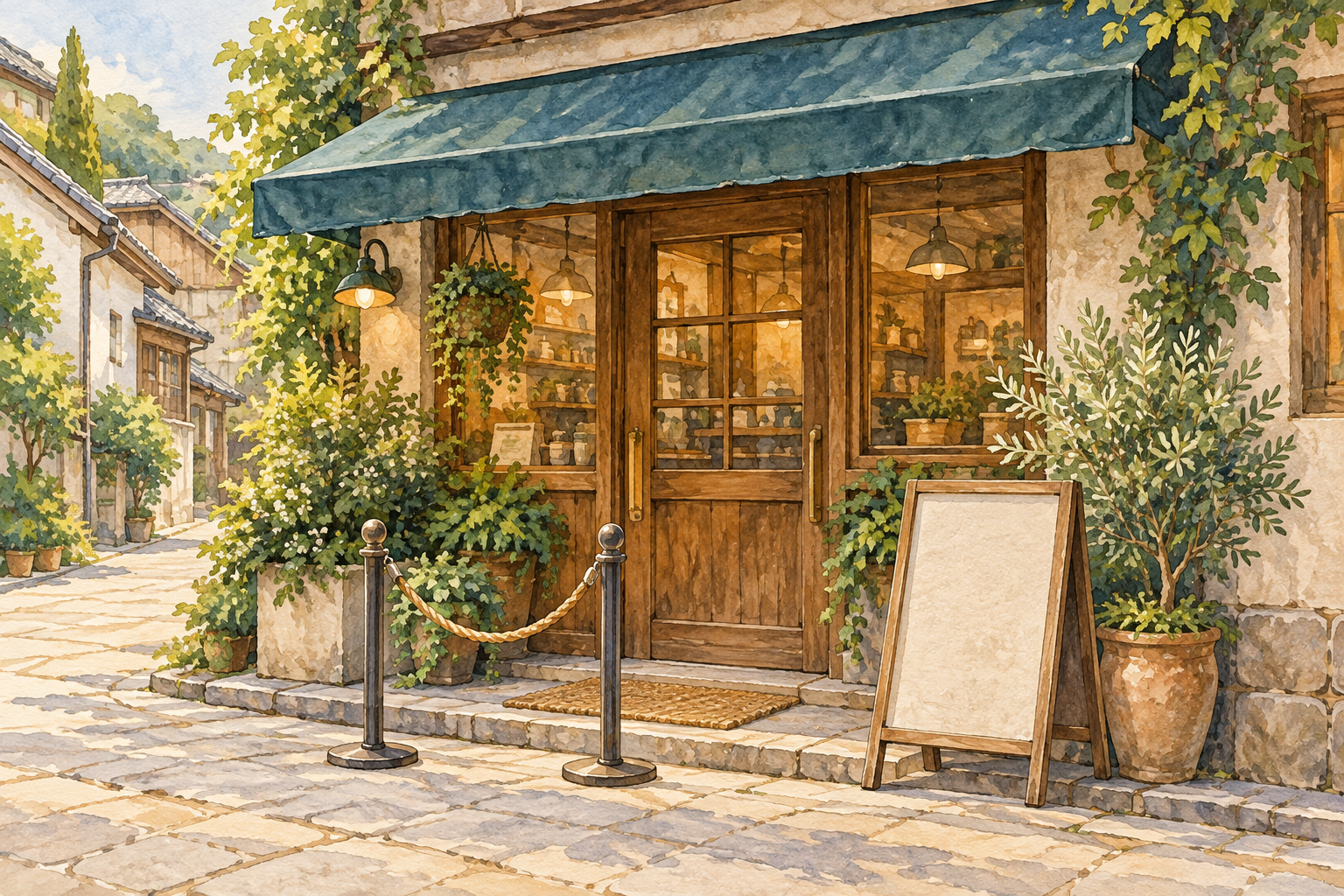 小さな店の前の空の待機列ロープとメニュー立ての水彩画