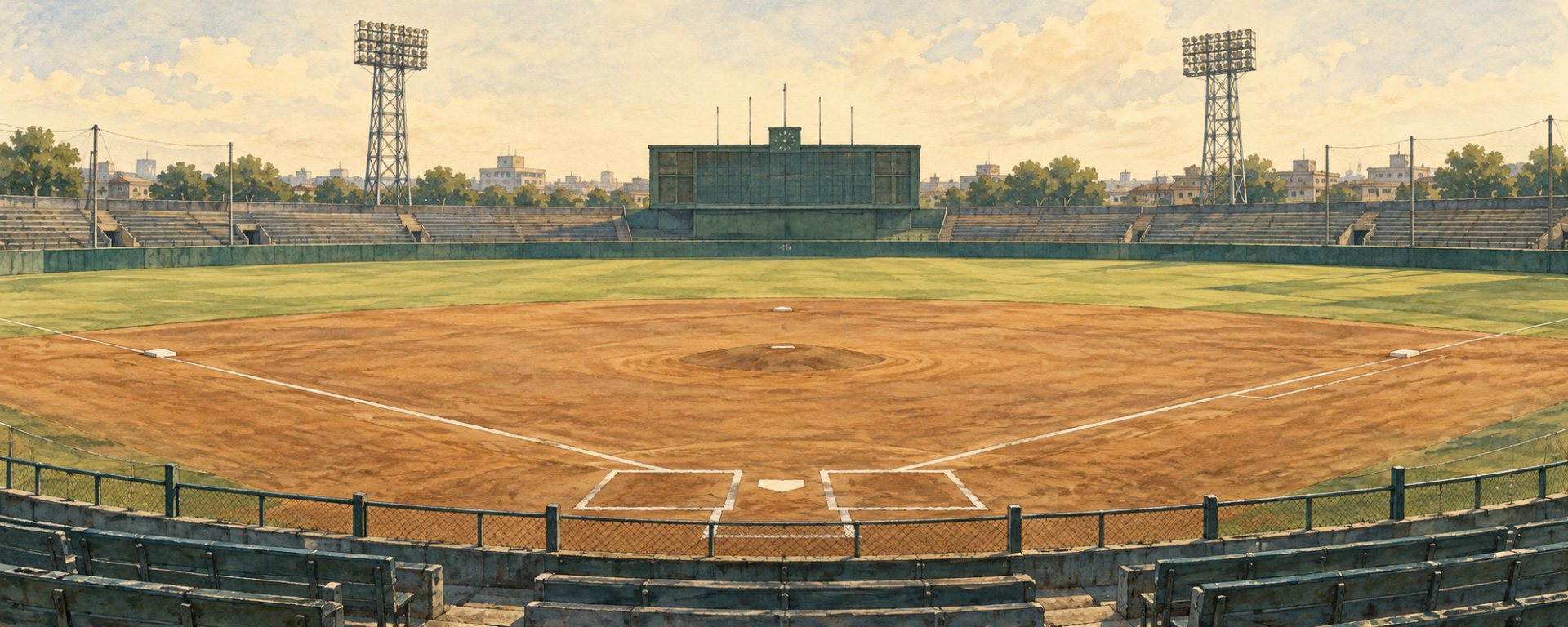 昔の後楽園球場をモチーフにした、無人のグラウンドの水彩画