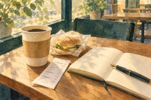 紙のカップとレシート、確認用のノートを置いた机のイメージイラスト